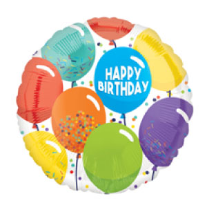 Circle mylar balloon with colorful balloons says Happy Birthday