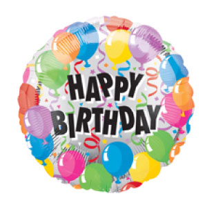Circle mylar balloon with colorful ballloons printed on it says happy birthday