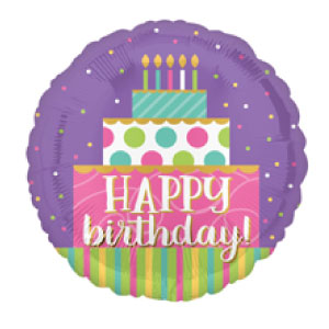 circle mylar with colorful birthday cake and candles, purple background with polka dots, says happy birthday