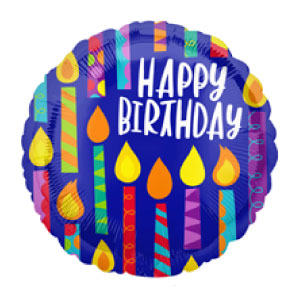 Circle mylar with dark blue background and colorful birthday candles, says happy birthday