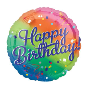 Circle mylar with rainbow ombre background with confetti and says Happy Birthday