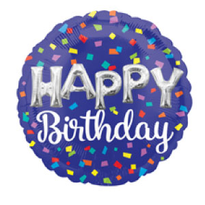 Circle mylar with dark blue background with confetti and says Happy Birthday