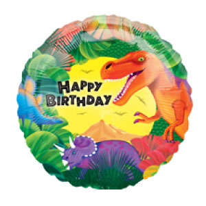 circle mylar balloon with several different type of coloful dinosaurs, says Happy Birthday