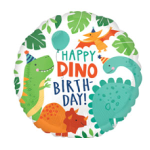 circle mylar balloon with cute dinosaurs says happy birthday