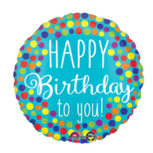 Happy Birthday circle mylar with light blue background and colofrul polka dots