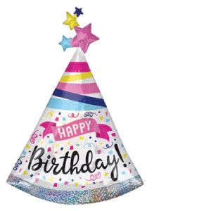 Silver, pink, puprle and blue birthday party hat shaped mylar