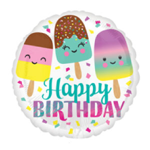 White circle mylar ballon with three colorful ice cream bars with smiles, says happy birthday