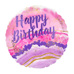 circle mylar with purple, pink and gold marble, says happy birthday