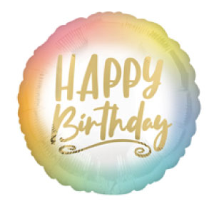 pastel rainbow ombre background says happy birthday in gold