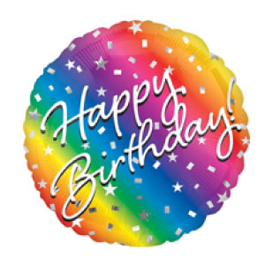 Rainbow ombre circle mylar with silver confetti says Happy Birhtday