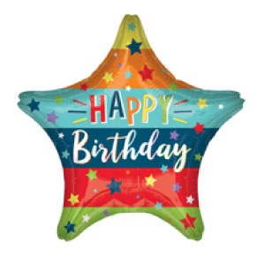 Star shaped mylar with colorful striped background and printed stars, says happy birthday
