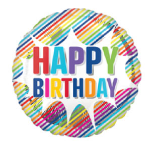 Circle mylar balloon with colorful stripes and white star burst that says Happy Birthday