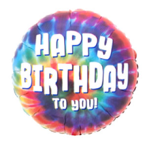 Circle mylar with rainbow tie dye background i and says Happy Birthday