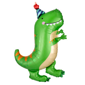 Green dinosaur shaped mylar balloon with party hat
