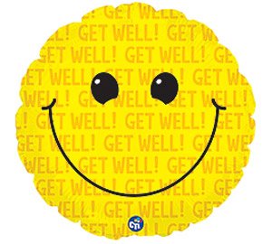 18'' Mylar Ballon yellow background with big smile, has get well text going across background