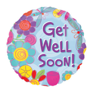 18'' Mylar Balloon red polka dot frame with image of doggie with ice bag on head, says get well soon