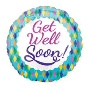 18'' Mylar Balloon star shaped with green background and verious sports images, says get well soon