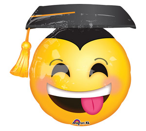smiley with tongue out with grad hat mylar balloon 36inch yellow