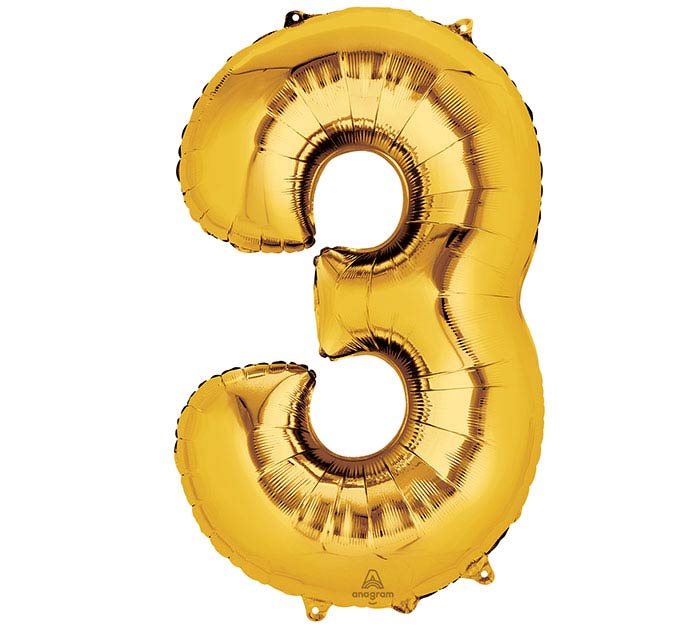 Gold Number 3 Shaped Mylar Balloon