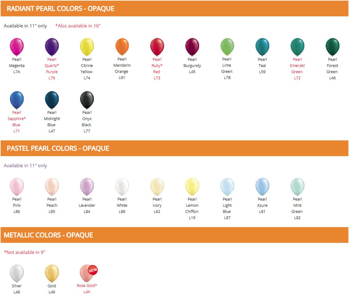 Balloon Color Chart - Radiant Pearl, Pastel Pearl, Metallic Colors