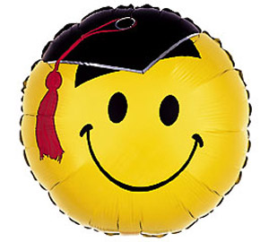 smiley with grad hat mylar balloon 18inch yellow